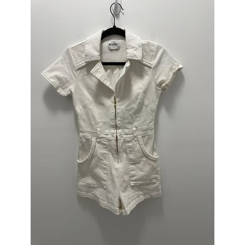 Show Me Your Mumu Outlaw Romper Pearly White Denim Short Sleeve Utility Small